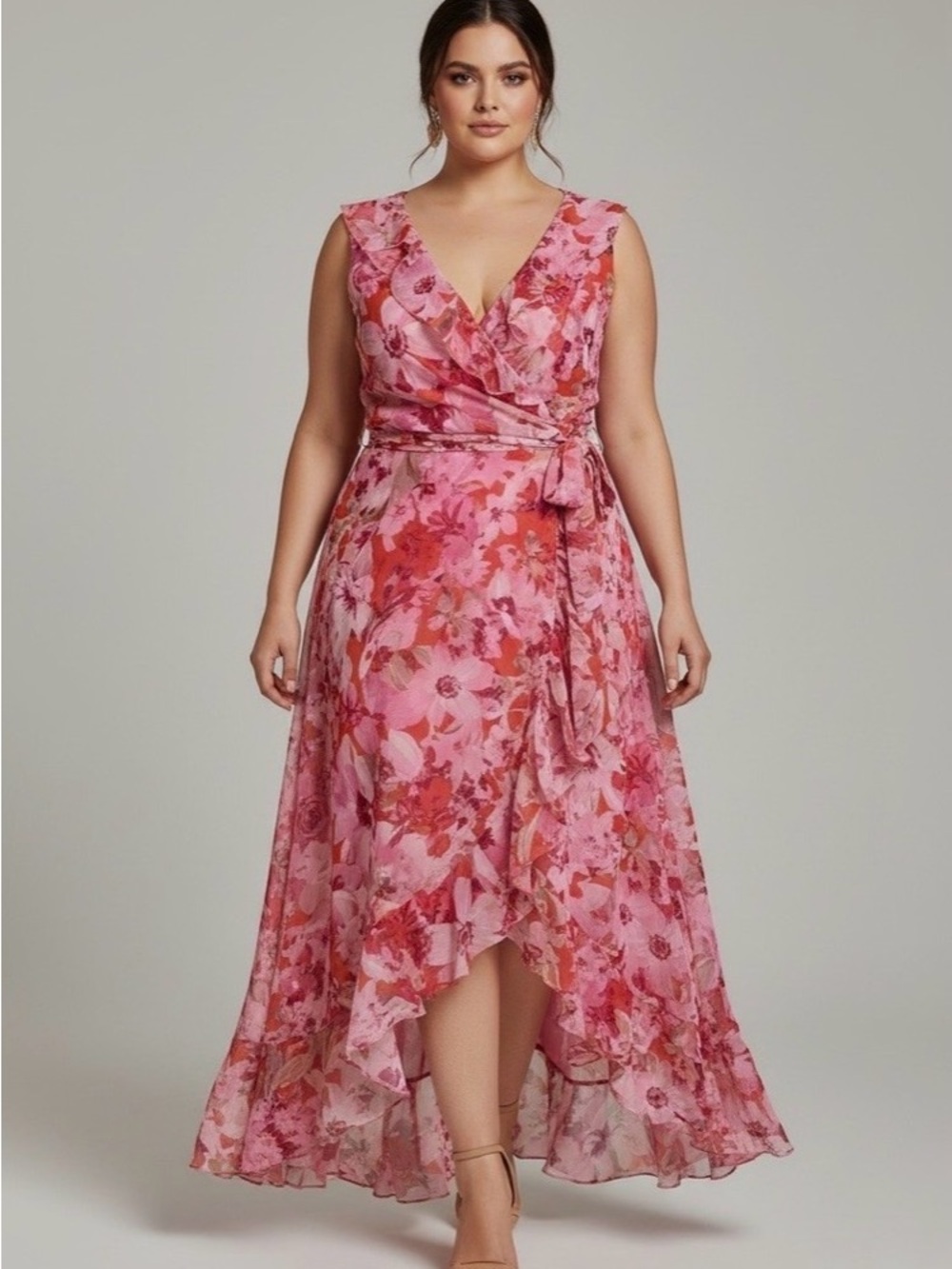 London Times Pink Floral High-Low Wrap Dress